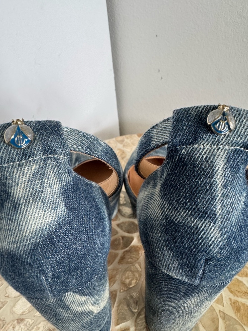 Bill Blass Blue Ellie Bleached Denim Tie-Dye Platform Ankle-Strap Heels - Picture 12 of 15
